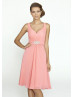 Slim V Neck Thin Straps Pink Chiffon Knee Length Bridesmaid Dress With Beaded Sash